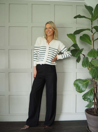 Adriana High Waisted, Straight Leg, Linen Mix Trousers with Side Pockets - Black