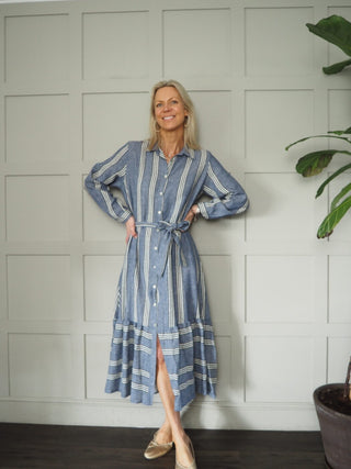 Cloralli Linen Mix Shirt Dress with Long Sleeves, Button Fastening, Collar &amp; Belt - Denim Blue, Khaki