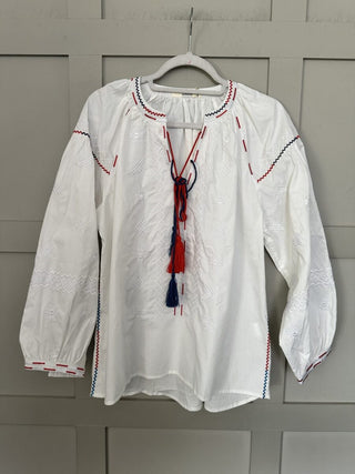 Danielle Long Sleeve Blouse with Round Neck &amp; Tie Detail - Baby Blue, Off White, Stone