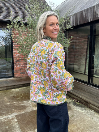 Skye Reversible Jacket - Yellow/Green Floral with Pink Star Reverse, Green Velvet