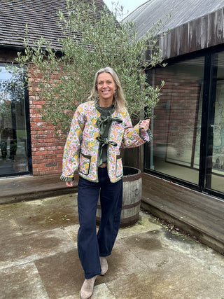 Skye Reversible Jacket - Yellow/Green Floral with Pink Star Reverse, Green Velvet