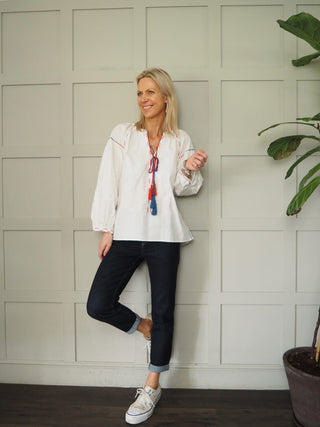 Danielle Long Sleeve Blouse with Round Neck &amp; Tie Detail - Baby Blue, Off White, Stone