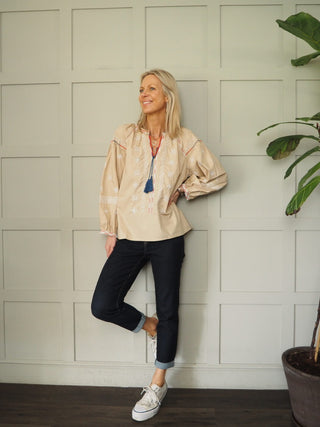 Danielle Long Sleeve Blouse with Round Neck &amp; Tie Detail - Baby Blue, Off White, Stone