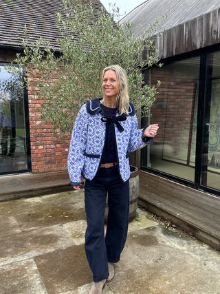 Wren Reversible Sailor Collar Jacket - Blue Cotton with Navy Velvet Reverse