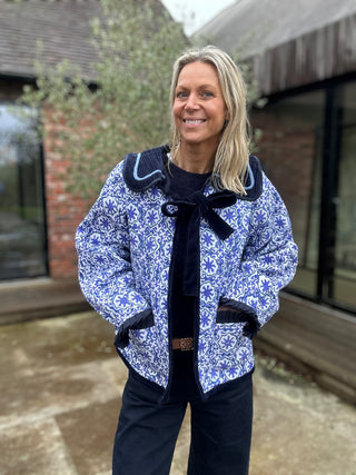 Wren Reversible Sailor Collar Jacket - Blue Cotton with Navy Velvet Reverse