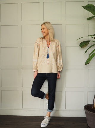 Danielle Long Sleeve Blouse with Round Neck &amp; Tie Detail - Baby Blue, Off White, Stone