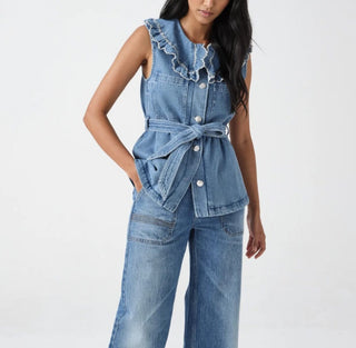 Phoebe Super Soft Denim Waistcoat with Oversized Frill Collar &amp; Side Pockets by Seventy Mochi - Summer Vintage