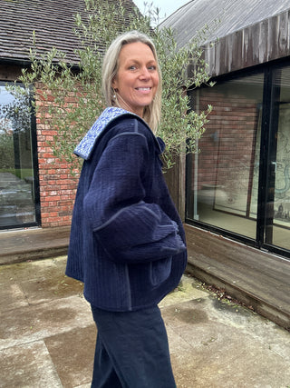 Wren Reversible Sailor Collar Jacket - Blue Cotton with Navy Velvet Reverse