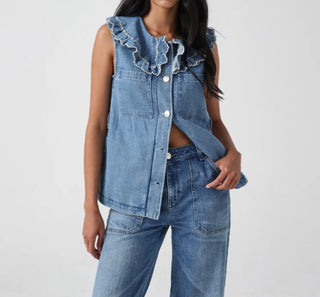 Phoebe Super Soft Denim Waistcoat with Oversized Frill Collar &amp; Side Pockets by Seventy Mochi - Summer Vintage