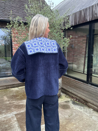 Wren Reversible Sailor Collar Jacket - Blue Cotton with Navy Velvet Reverse