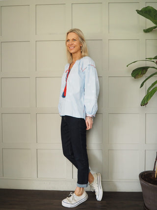 Danielle Long Sleeve Blouse with Round Neck &amp; Tie Detail - Baby Blue, Off White, Stone