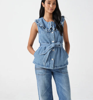 Phoebe Super Soft Denim Waistcoat with Oversized Frill Collar &amp; Side Pockets by Seventy Mochi - Summer Vintage