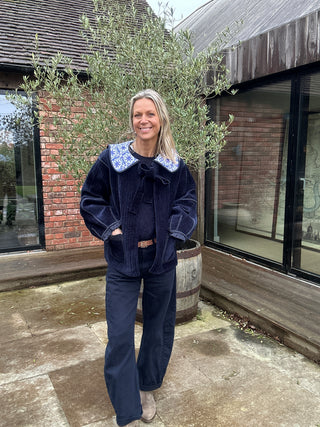 Wren Reversible Sailor Collar Jacket - Blue Cotton with Navy Velvet Reverse