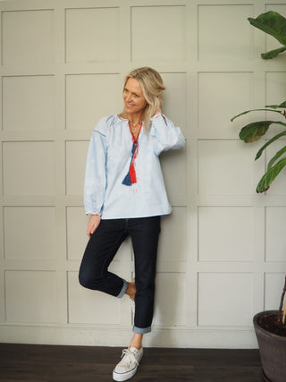 Danielle Long Sleeve Blouse with Round Neck &amp; Tie Detail - Baby Blue, Off White, Stone