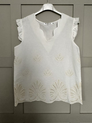 Janice Short Sleeve Blouse with Cut Out Detail - Oatmeal, Off White