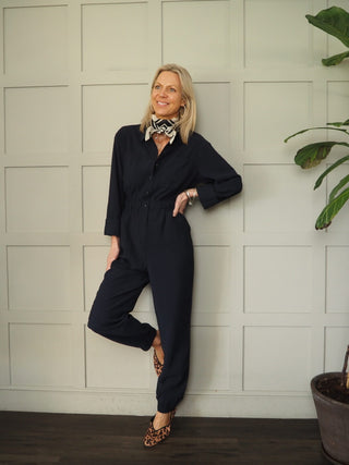 Asana Jumpsuit with Button Fastening, Pockets &amp; Elasticated Waist by Moss Copenhagen - Navy Blue