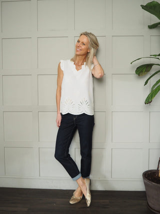 Janice Short Sleeve Blouse with Cut Out Detail - Oatmeal, Off White