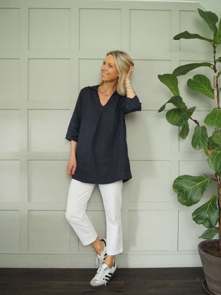 Marja Long Sleeve Linen Blouse by Luella - Navy Blue