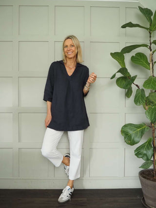 Marja Long Sleeve Linen Blouse by Luella - Navy Blue
