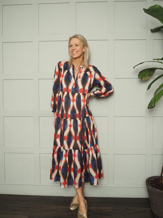 Ester Tiered Maxi Dress - Baby Blue, Blue Floral, Blue/Red/Cream