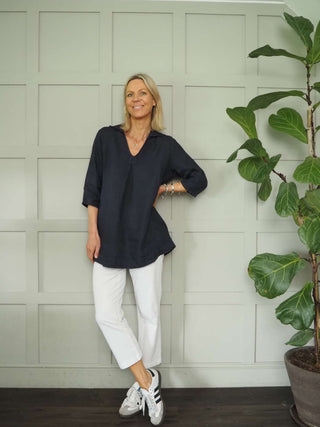 Marja Long Sleeve Linen Blouse by Luella - Navy Blue