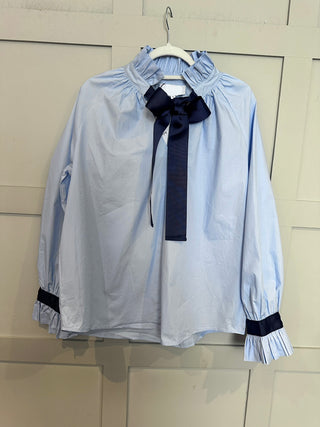 Lissa Blouse with Navy Grosgrain Ribbon - Sky Blue, White