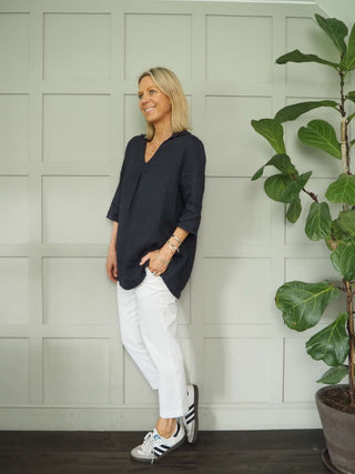 Marja Long Sleeve Linen Blouse by Luella - Navy Blue