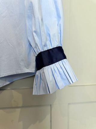 Lissa Blouse with Navy Grosgrain Ribbon - Sky Blue, White