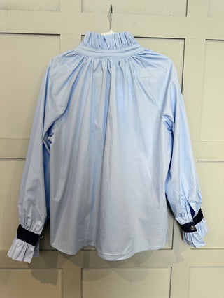 Lissa Blouse with Navy Grosgrain Ribbon - Sky Blue, White