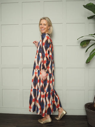 Ester Tiered Maxi Dress - Baby Blue, Blue Floral, Blue/Red/Cream