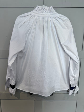 Lissa Blouse with Navy Grosgrain Ribbon - Sky Blue, White