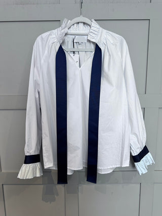 Lissa Blouse with Navy Grosgrain Ribbon - Sky Blue, White