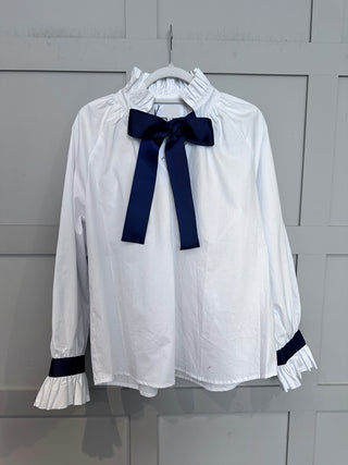 Lissa Blouse with Navy Grosgrain Ribbon - Sky Blue, White