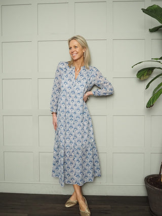 Ester Tiered Maxi Dress - Baby Blue, Blue Floral, Blue/Red/Cream