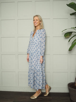 Ester Tiered Maxi Dress - Baby Blue, Blue Floral, Blue/Red/Cream