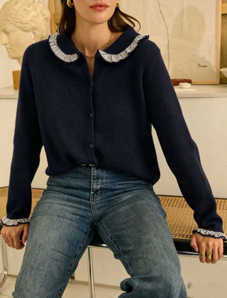 Rutland Cardigan with Peter Pan Collar and Striped Trim - Navy Blue, Taupe