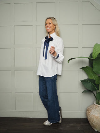 Lissa Blouse with Navy Grosgrain Ribbon - Sky Blue, White