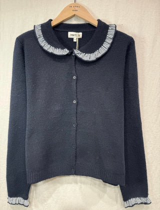 Rutland Cardigan with Peter Pan Collar and Striped Trim - Navy Blue, Taupe