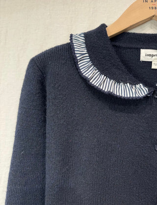Rutland Cardigan with Peter Pan Collar and Striped Trim - Navy Blue, Taupe