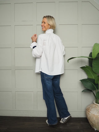 Lissa Blouse with Navy Grosgrain Ribbon - Sky Blue, White