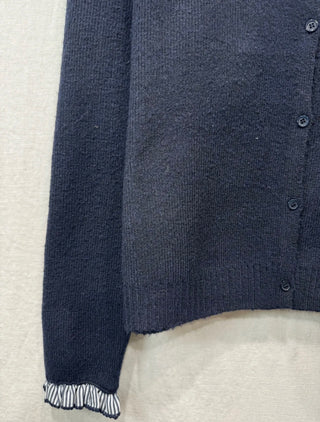 Rutland Cardigan with Peter Pan Collar and Striped Trim - Navy Blue, Taupe