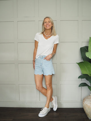 Ella Soft Denim Shorts with Scalloped Hem - Denim Blue, Fuchsia Pink, Rose Pink