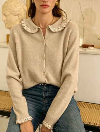 Rutland Cardigan with Peter Pan Collar and Striped Trim - Navy Blue, Taupe