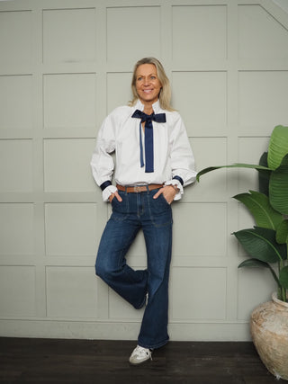Lissa Blouse with Navy Grosgrain Ribbon - Sky Blue, White