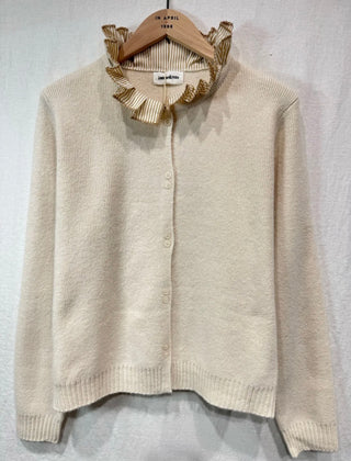 Hambleton Cardigan with Striped Pleated Collar Detail - Ecru, Navy Blue, Pink