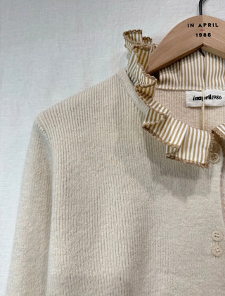 Hambleton Cardigan with Striped Pleated Collar Detail - Ecru, Navy Blue, Pink