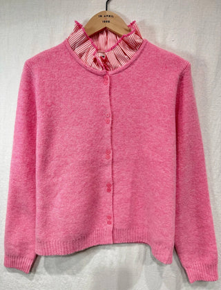 Hambleton Cardigan with Striped Pleated Collar Detail - Ecru, Navy Blue, Pink