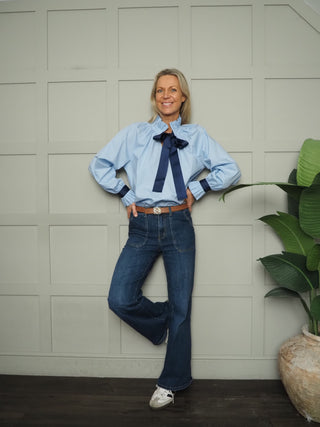 Lissa Blouse with Navy Grosgrain Ribbon - Sky Blue, White