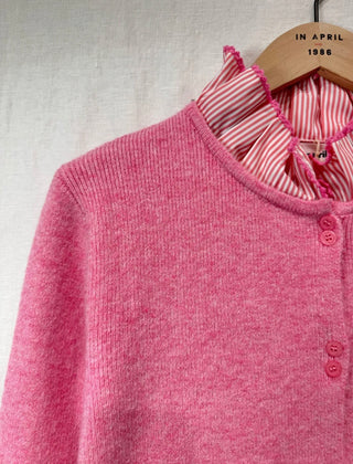 Hambleton Cardigan with Striped Pleated Collar Detail - Ecru, Navy Blue, Pink