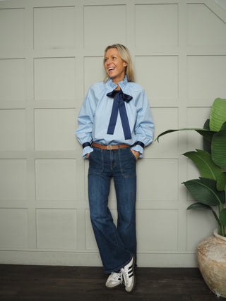 Lissa Blouse with Navy Grosgrain Ribbon - Sky Blue, White